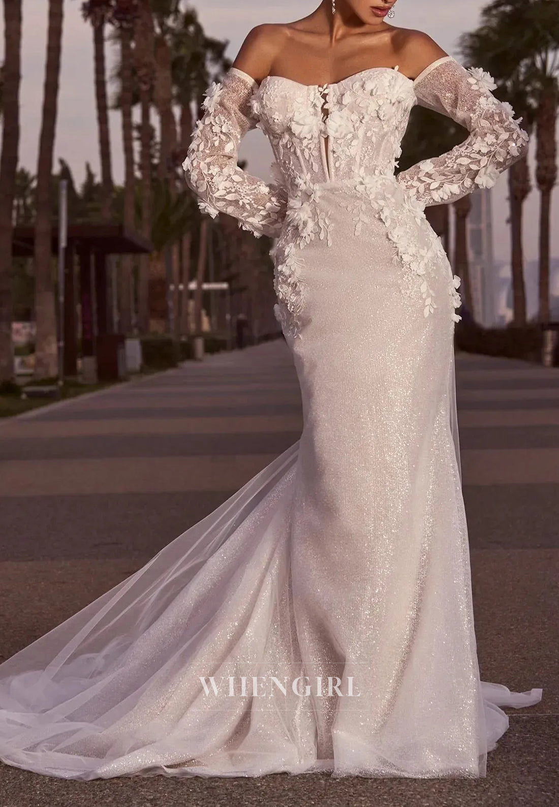 Elegant Lace Sweetheart Long Sleeves Appliuqes Floral Sweep Train Mermaid Wedding Dress