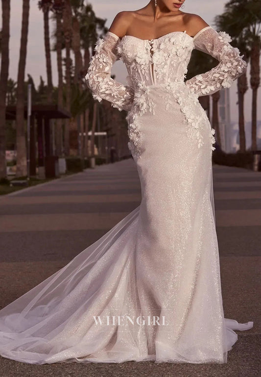 Elegant Lace Sweetheart Long Sleeves Appliuqes Floral Sweep Train Mermaid Wedding Dress