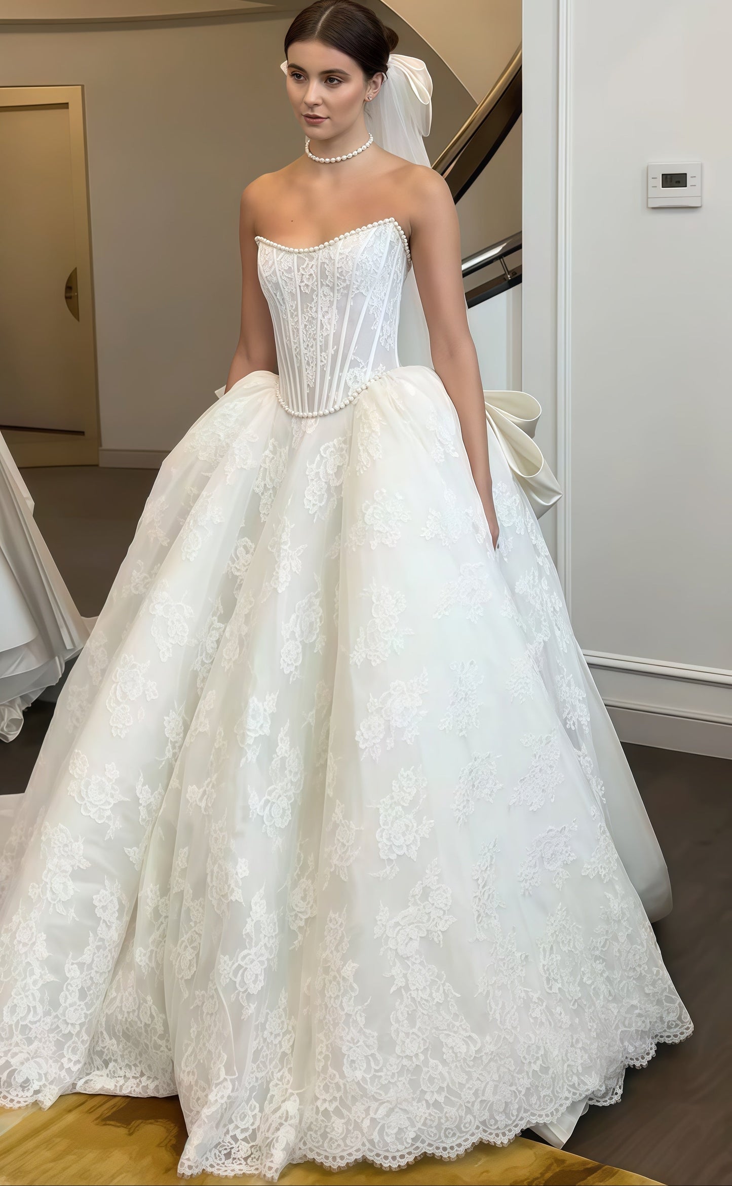 Elegant Pearl Beaded Wedding Dress Lace Ball Gown With Big Bow,