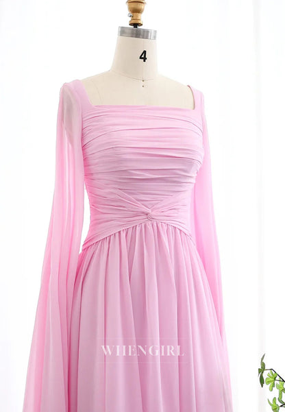 A-line Square Neck Long Sleeves Back Zipper Pleated Chiffon Evening Formal Dress