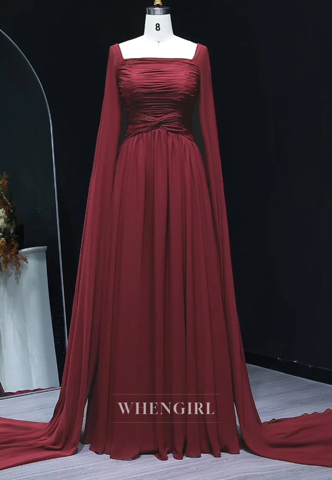 A-line Square Neck Long Sleeves Back Zipper Pleated Chiffon Evening Formal Dress