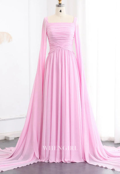 A-line Square Neck Long Sleeves Back Zipper Pleated Chiffon Evening Formal Dress