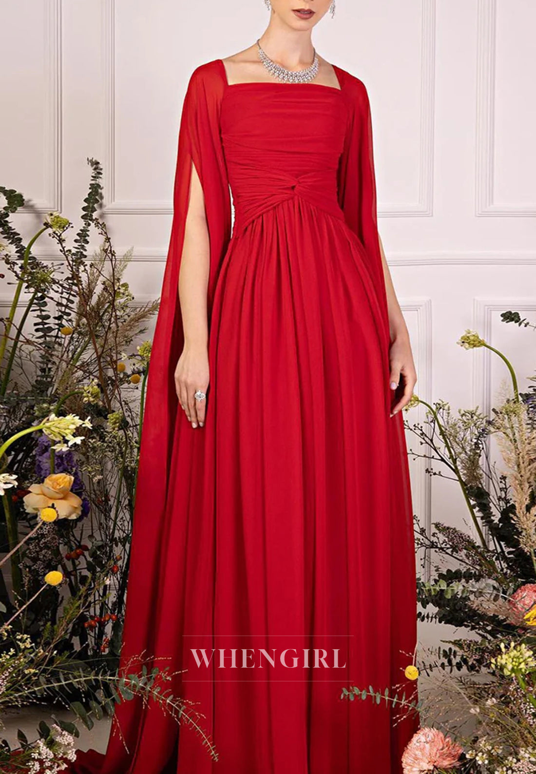 A-line Square Neck Long Sleeves Back Zipper Pleated Chiffon Evening Formal Dress