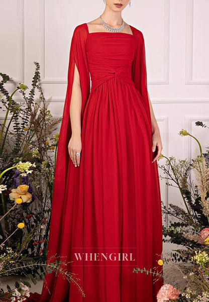 A-line Square Neck Long Sleeves Back Zipper Pleated Chiffon Evening Formal Dress