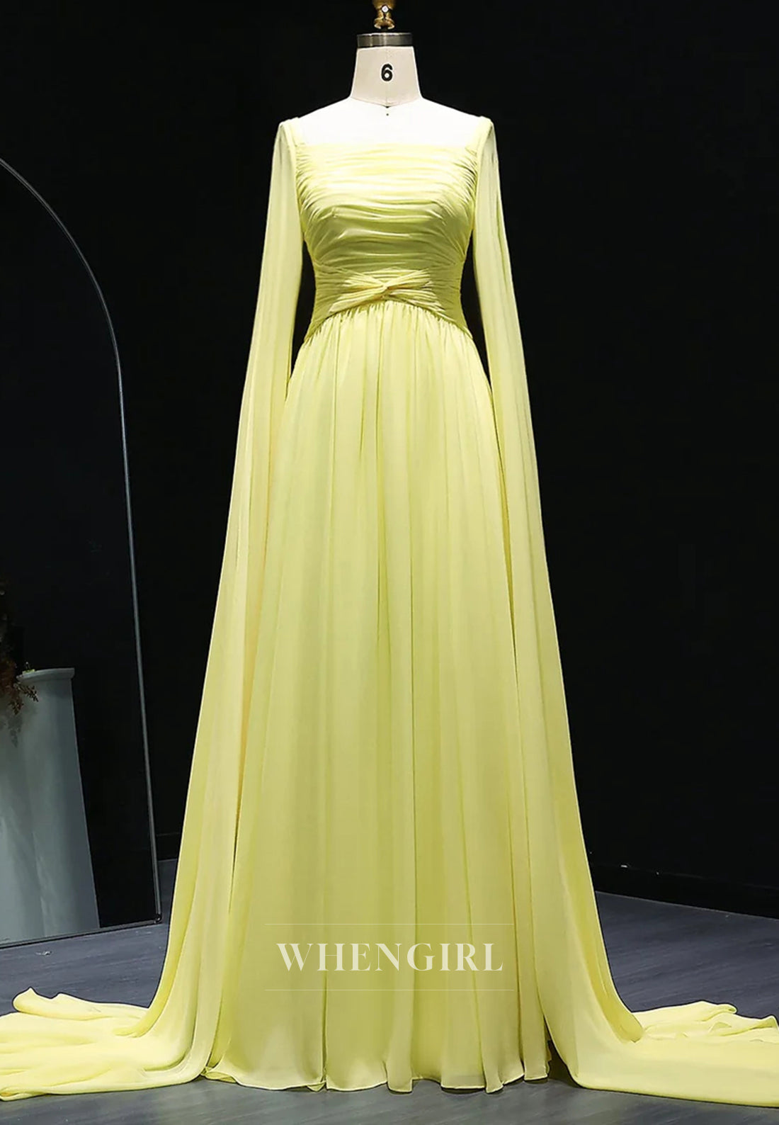 A-line Square Neck Long Sleeves Back Zipper Pleated Chiffon Evening Formal Dress