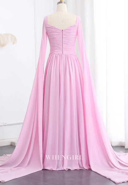 A-line Square Neck Long Sleeves Back Zipper Pleated Chiffon Evening Formal Dress