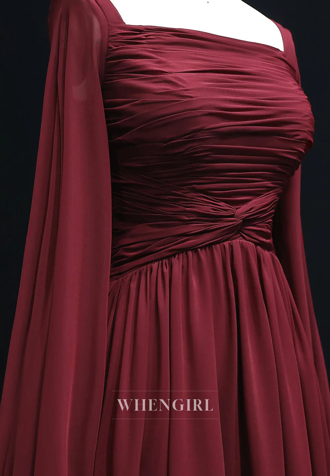A-line Square Neck Long Sleeves Back Zipper Pleated Chiffon Evening Formal Dress