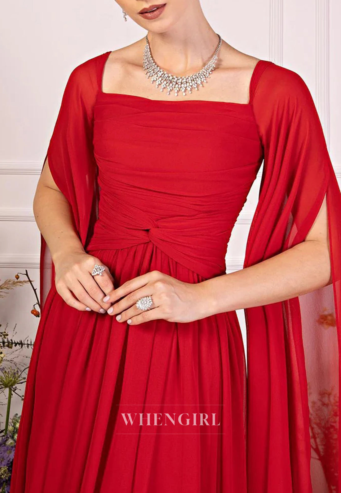 A-line Square Neck Long Sleeves Back Zipper Pleated Chiffon Evening Formal Dress