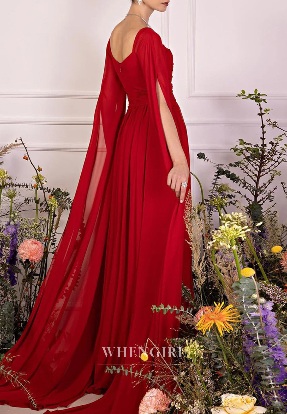 A-line Square Neck Long Sleeves Back Zipper Pleated Chiffon Evening Formal Dress