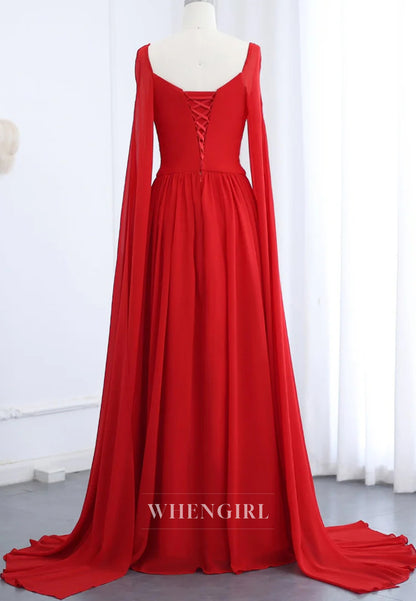 A-line Square Neck Long Sleeves Back Zipper Pleated Chiffon Evening Formal Dress