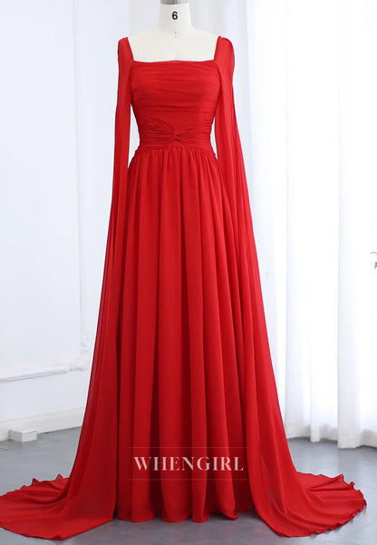 A-line Square Neck Long Sleeves Back Zipper Pleated Chiffon Evening Formal Dress