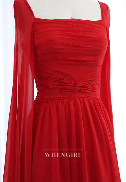 A-line Square Neck Long Sleeves Back Zipper Pleated Chiffon Evening Formal Dress