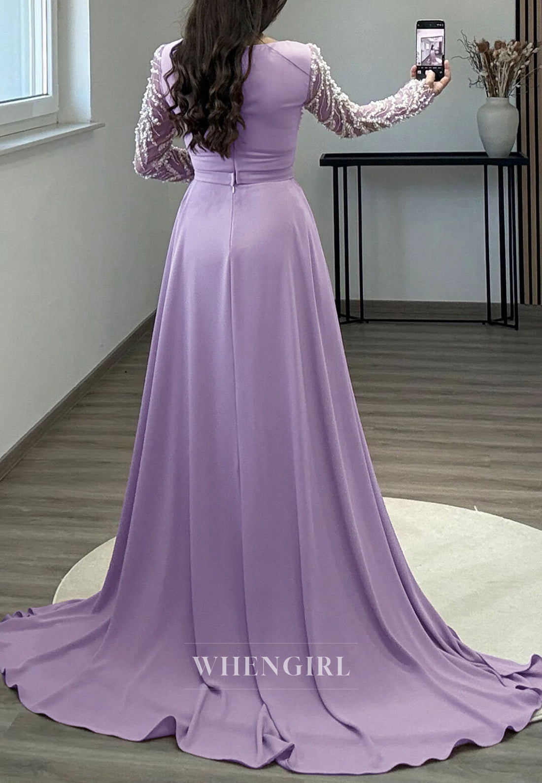 Elegant Violet Square Neckline Beading Long Sleeves Sweep Train Sheath Evening Dresses