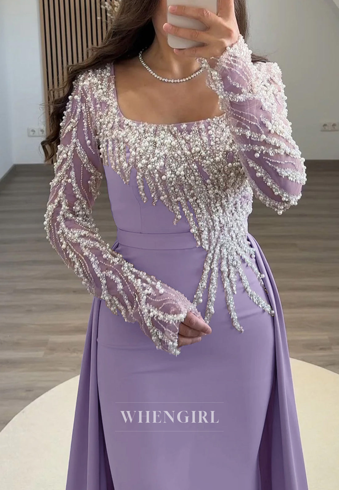 Elegant Violet Square Neckline Beading Long Sleeves Sweep Train Sheath Evening Dresses