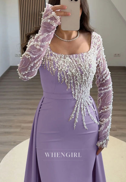 Elegant Violet Square Neckline Beading Long Sleeves Sweep Train Sheath Evening Dresses