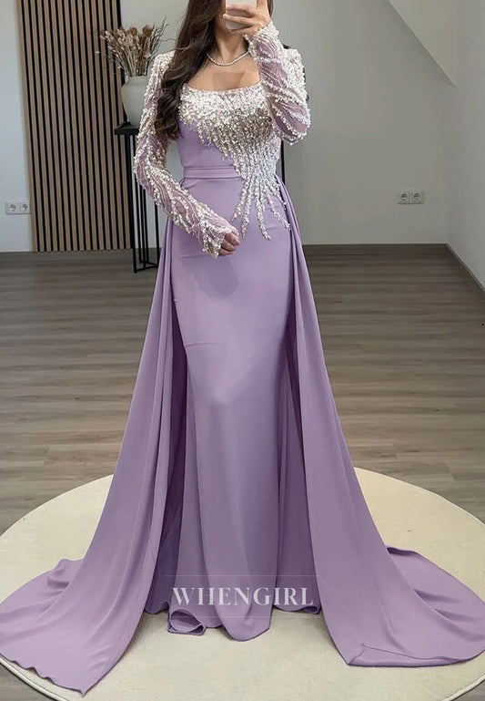 Elegant Violet Square Neckline Beading Long Sleeves Sweep Train Sheath Evening Dresses