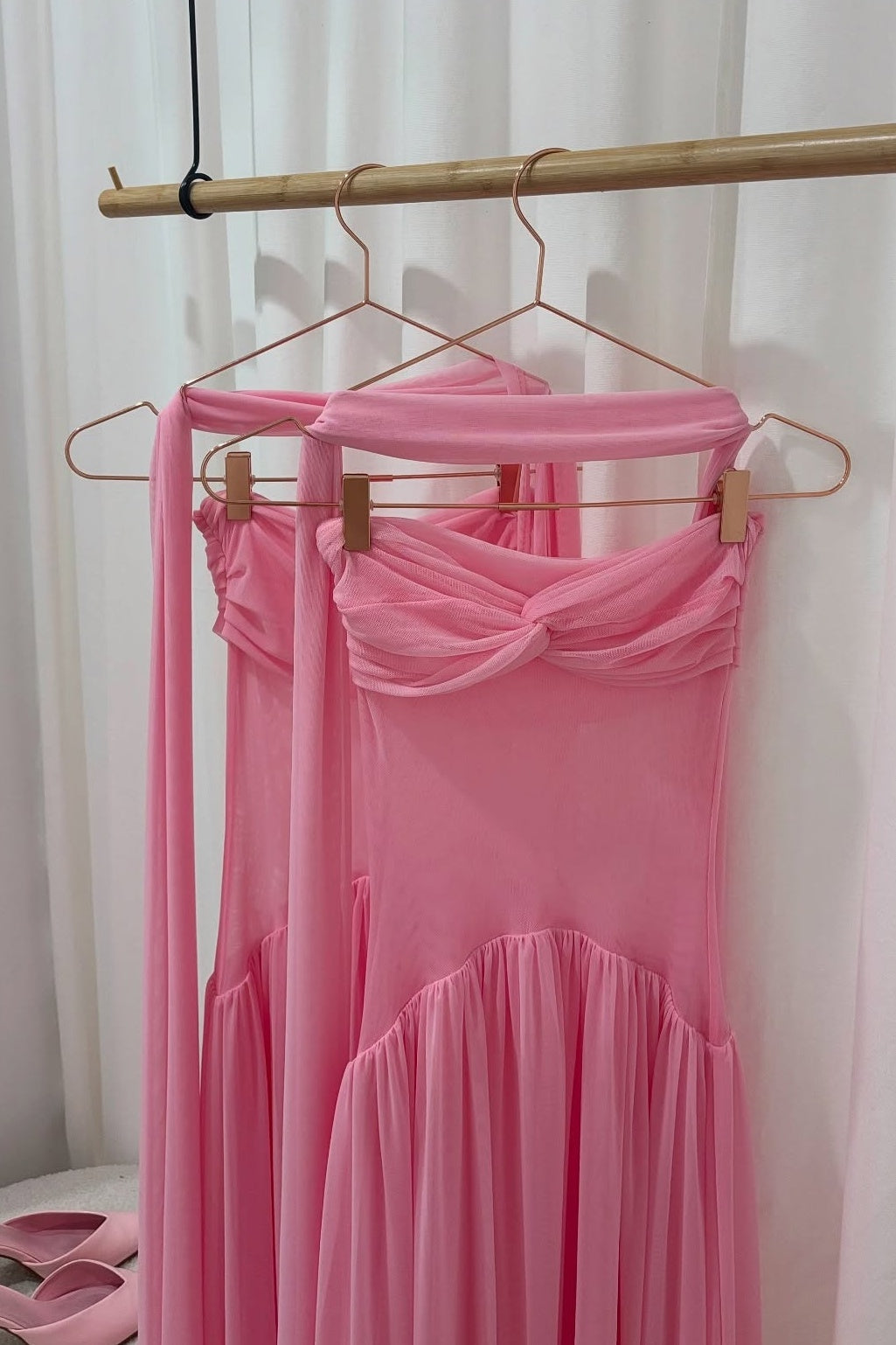 Elegant A Line Sweetheart Pink Long Party Dress with Ruffles Scarf