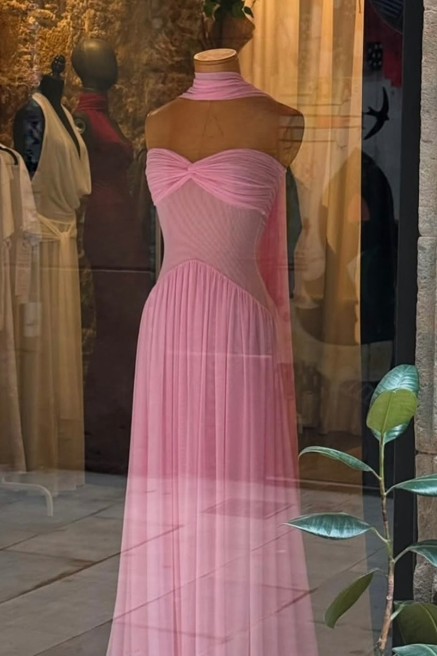 Elegant A Line Sweetheart Pink Long Party Dress with Ruffles Scarf