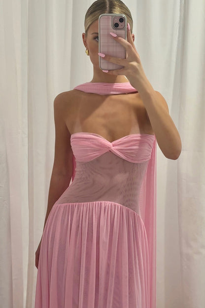 Elegant A Line Sweetheart Pink Long Party Dress with Ruffles Scarf
