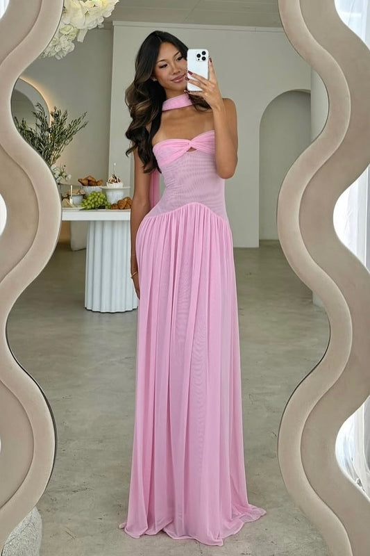 Elegant A Line Sweetheart Pink Long Party Dress with Ruffles Scarf