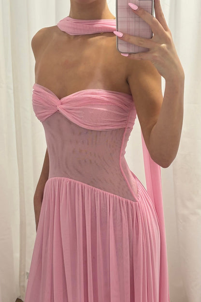 Elegant A Line Sweetheart Pink Long Party Dress with Ruffles Scarf