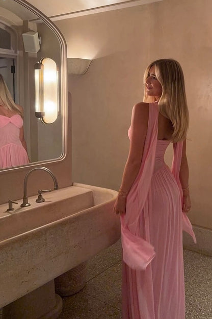 Elegant A Line Sweetheart Pink Long Party Dress with Ruffles Scarf