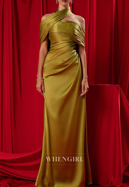 Sheath Asymmetrical Neck Pleated Back Zipper Floor Length Evening Formal Dress