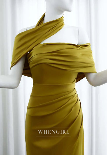 Sheath Asymmetrical Neck Pleated Back Zipper Floor Length Evening Formal Dress