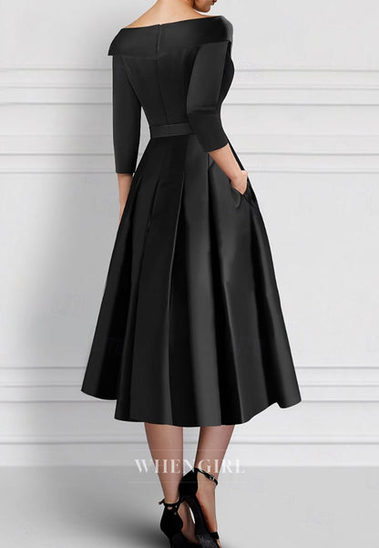 Black A-Line Pleated Embroidery Half Sleeves V Neck Mother of the Bride Dress