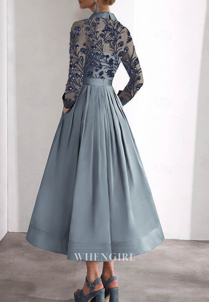 A-Line Embroidery Long Sleeves Beaded Tea Length Mother of the Bride Dress