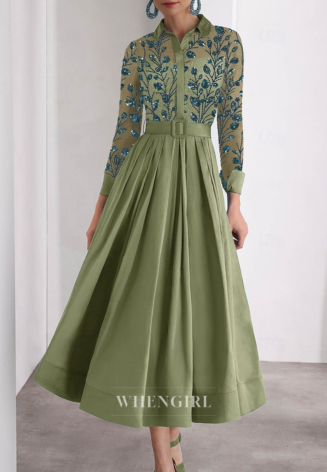 A-Line Embroidery Long Sleeves Beaded Tea Length Mother of the Bride Dress