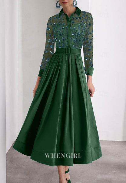 A-Line Embroidery Long Sleeves Beaded Tea Length Mother of the Bride Dress