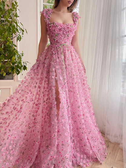 Enchanted Pink 3D Floral Applique Tulle High Slit A-line Prom Dress