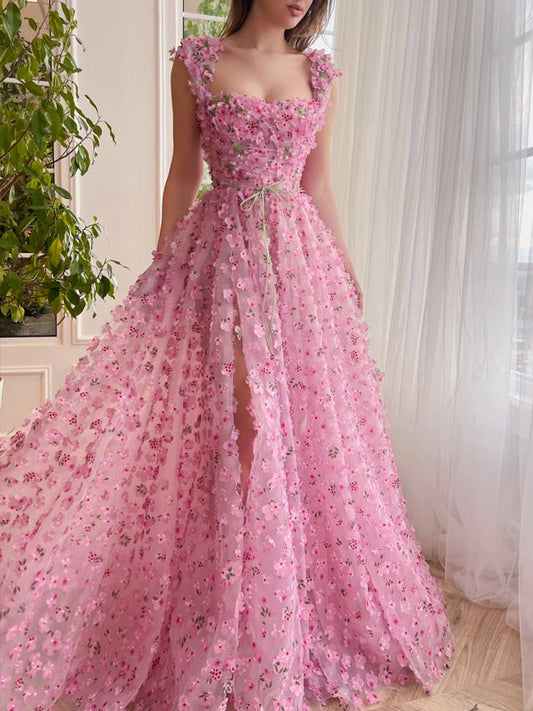 Enchanted Pink 3D Floral Applique Tulle High Slit A-line Prom Dress
