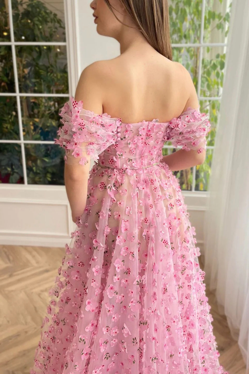 Enchanted Pink 3D Floral Applique Tulle High Slit A-line Prom Dress