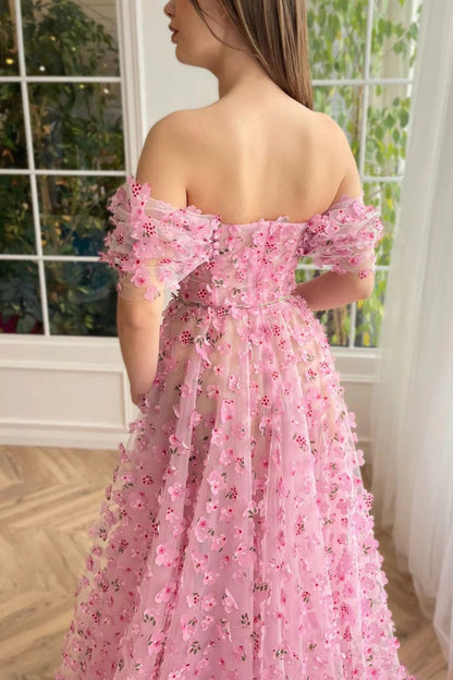 Enchanted Pink 3D Floral Applique Tulle High Slit A-line Prom Dress