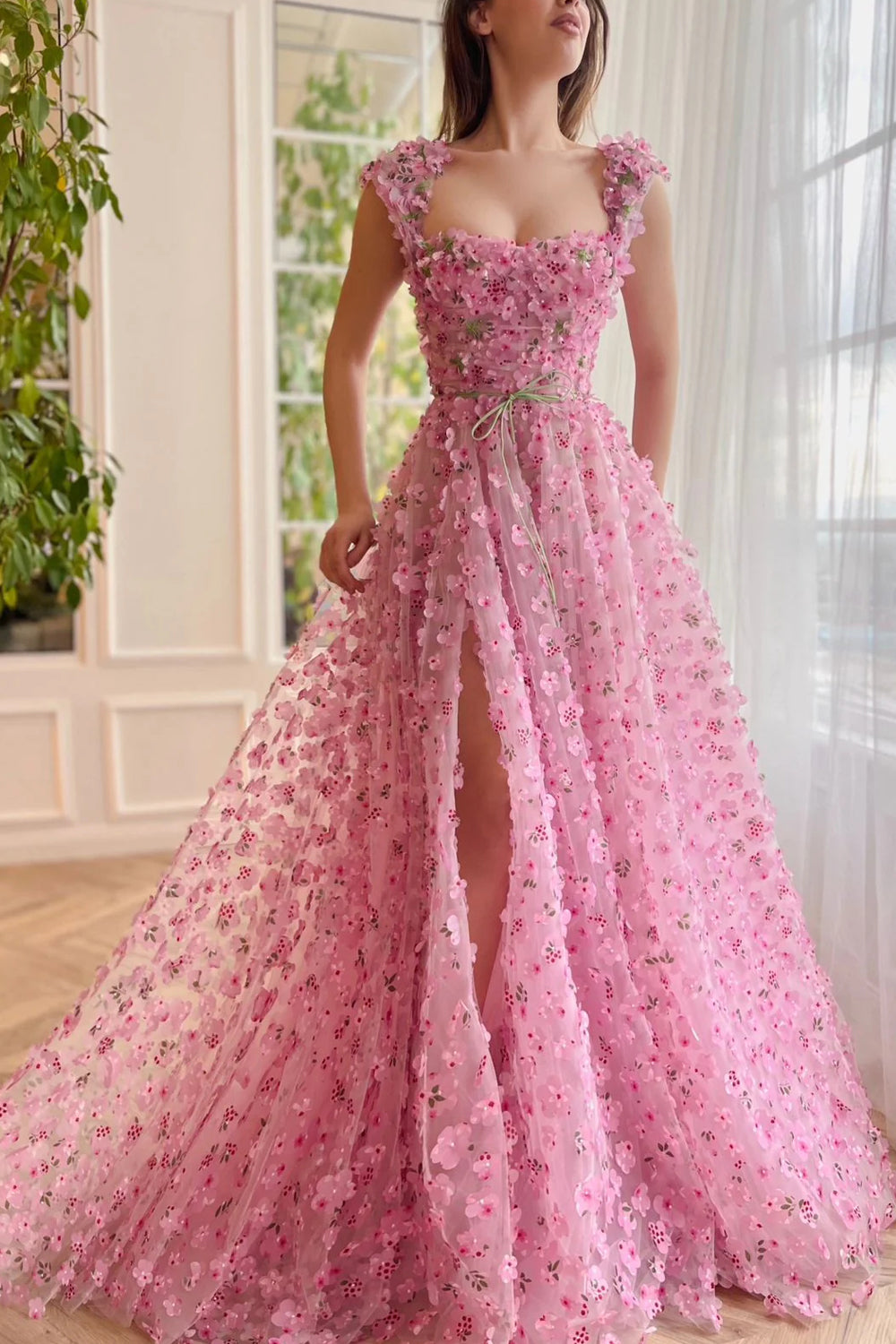 Enchanted Pink 3D Floral Applique Tulle High Slit A-line Prom Dress