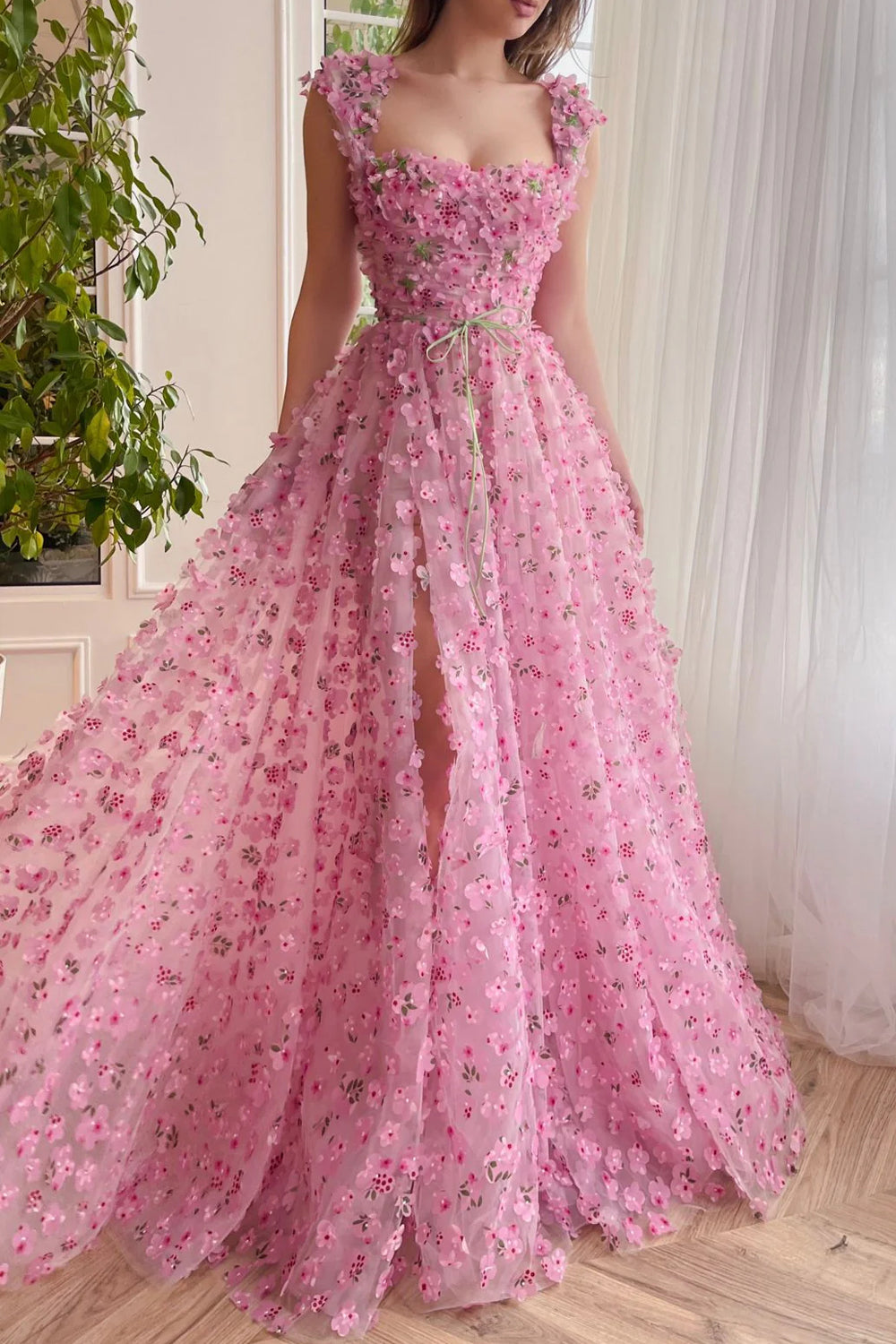 Enchanted Pink 3D Floral Applique Tulle High Slit A-line Prom Dress