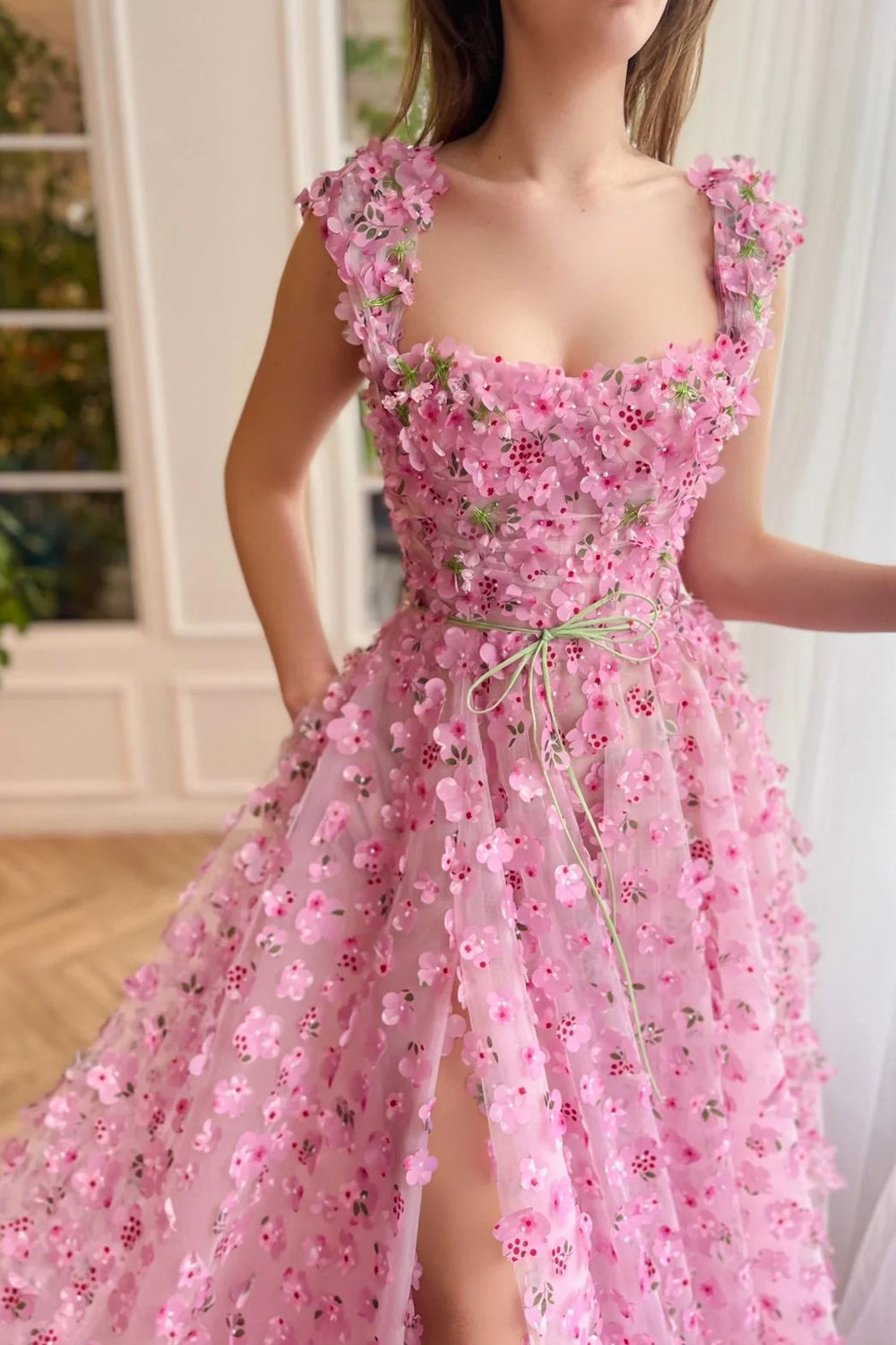Enchanted Pink 3D Floral Applique Tulle High Slit A-line Prom Dress