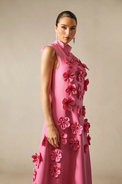 Pink Halter Floral Column Sleeveless Long Dress