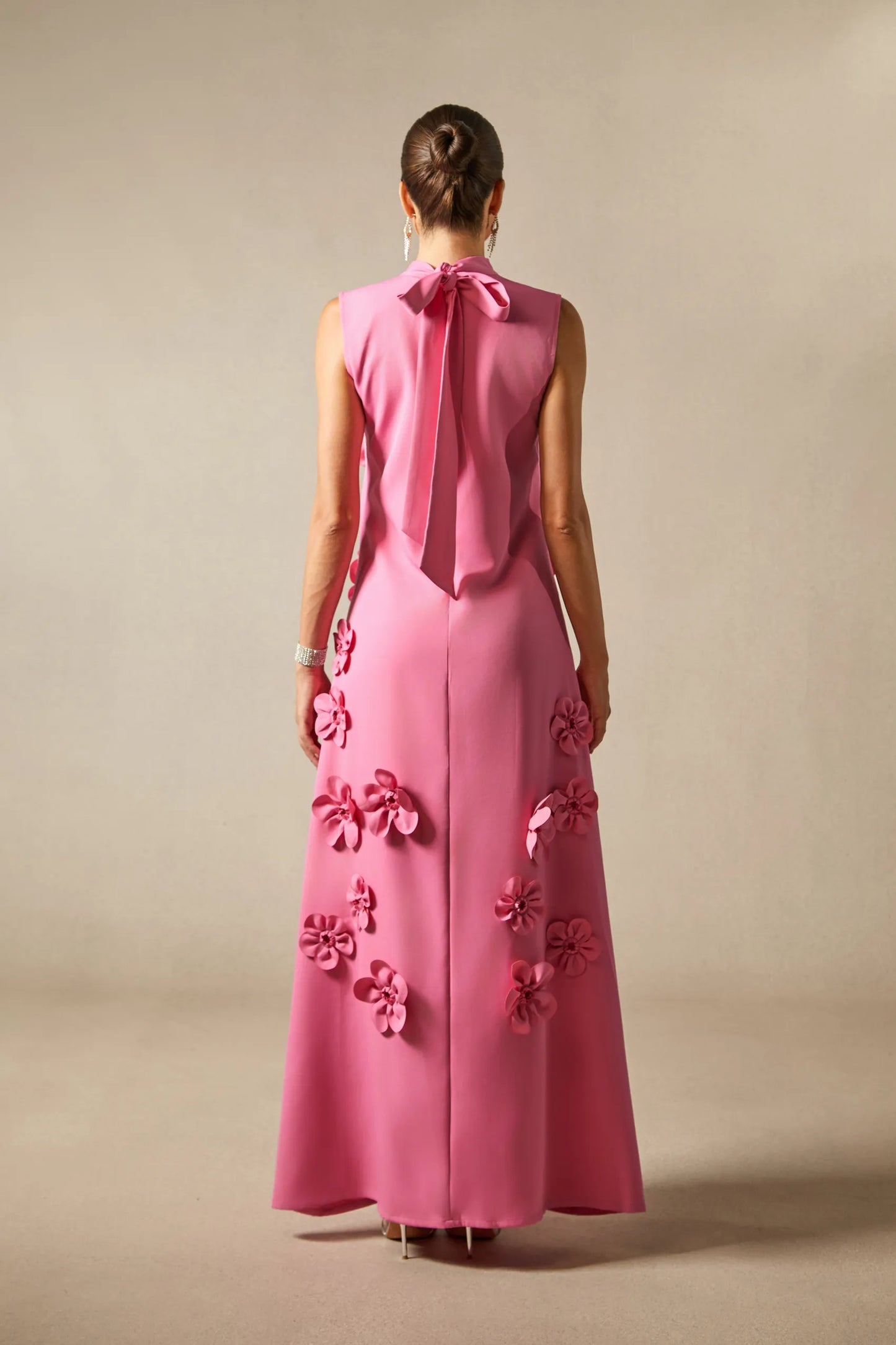 Pink Halter Floral Column Sleeveless Long Dress