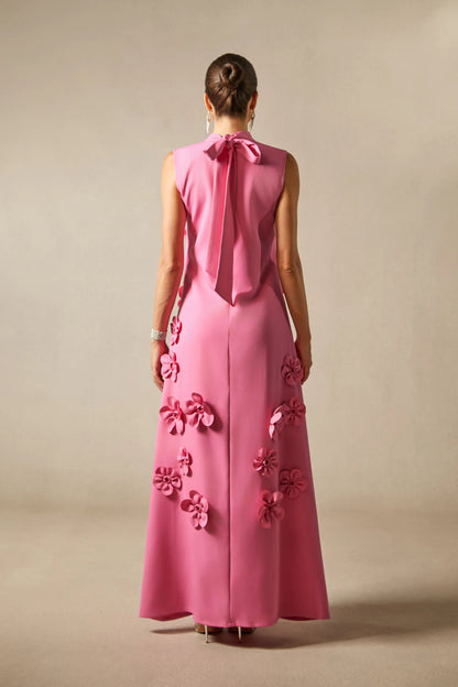 Pink Halter Floral Column Sleeveless Long Dress