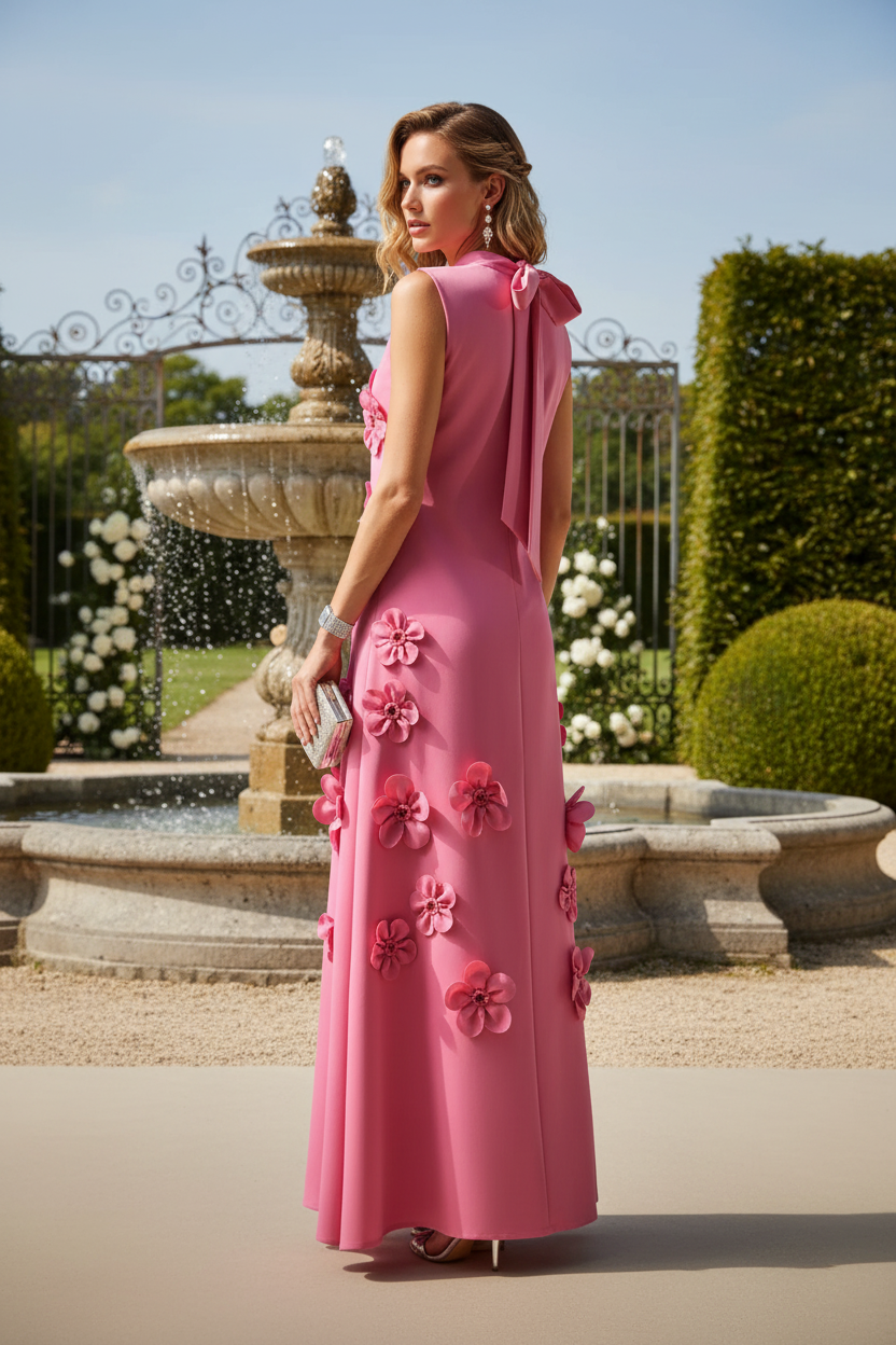 Pink Halter Floral Column Sleeveless Long Dress