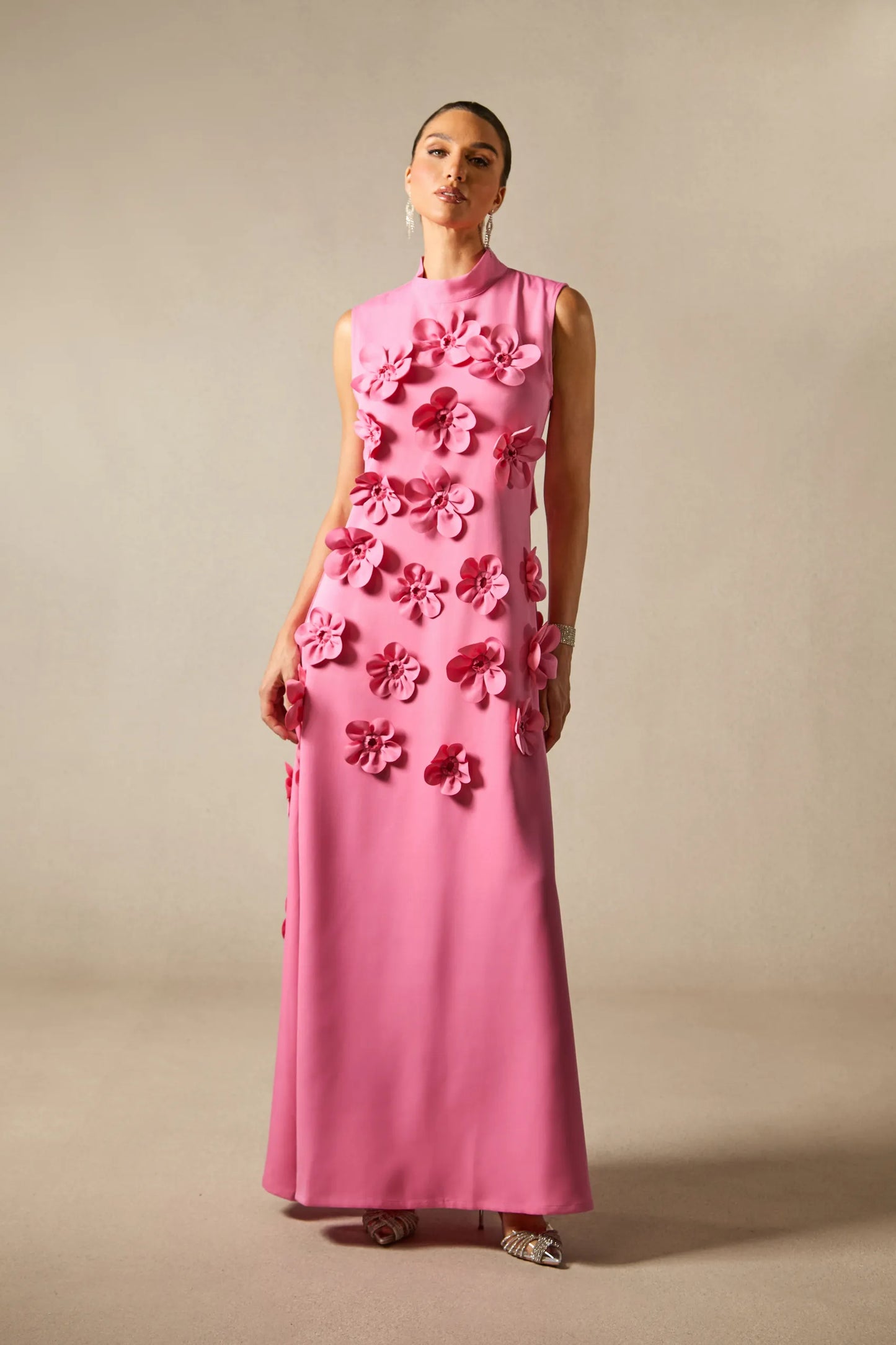 Pink Halter Floral Column Sleeveless Long Dress