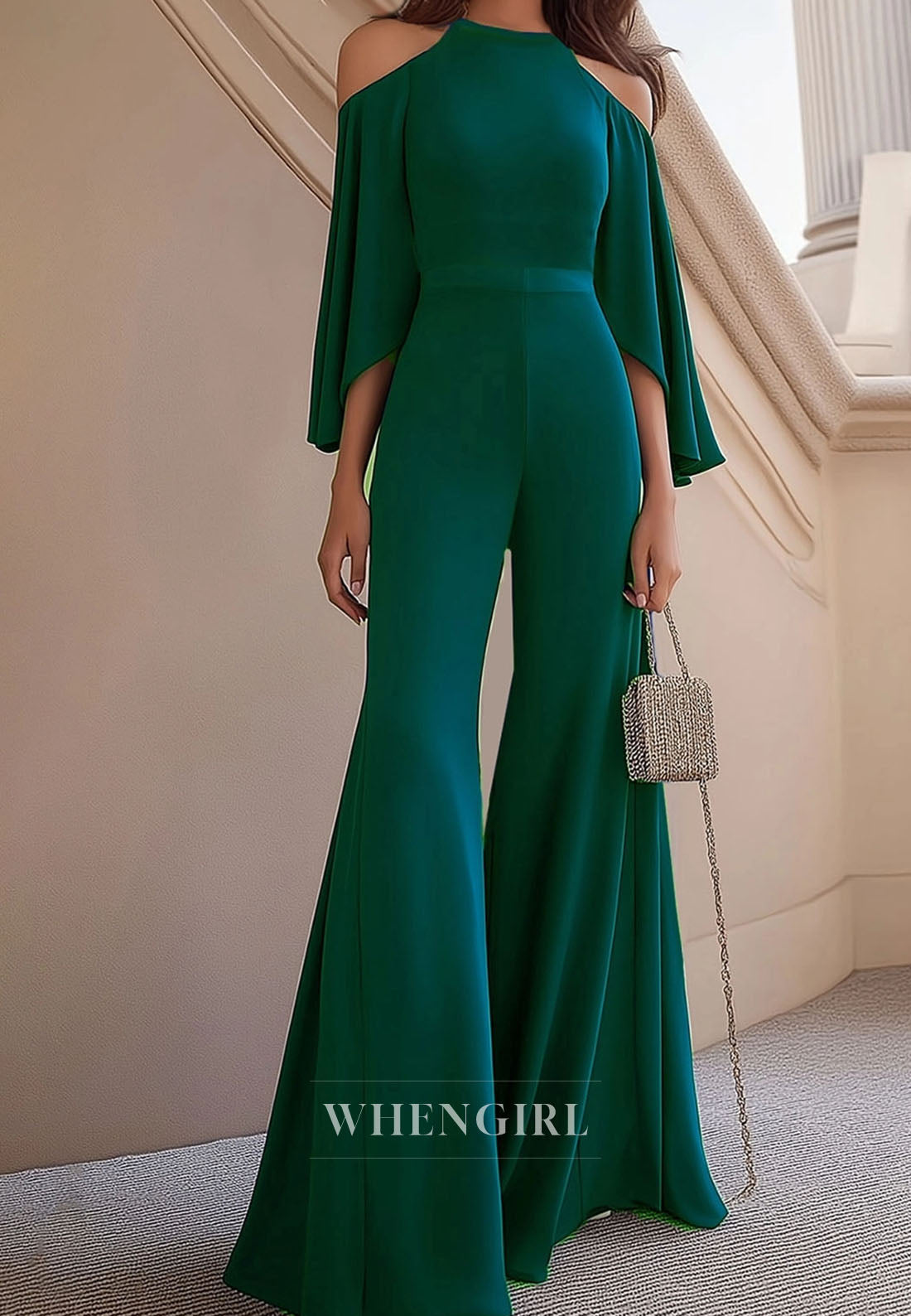 Emerald Green Evening Party Jumpsuit High Neck Fit Satin Long Jumpsuit