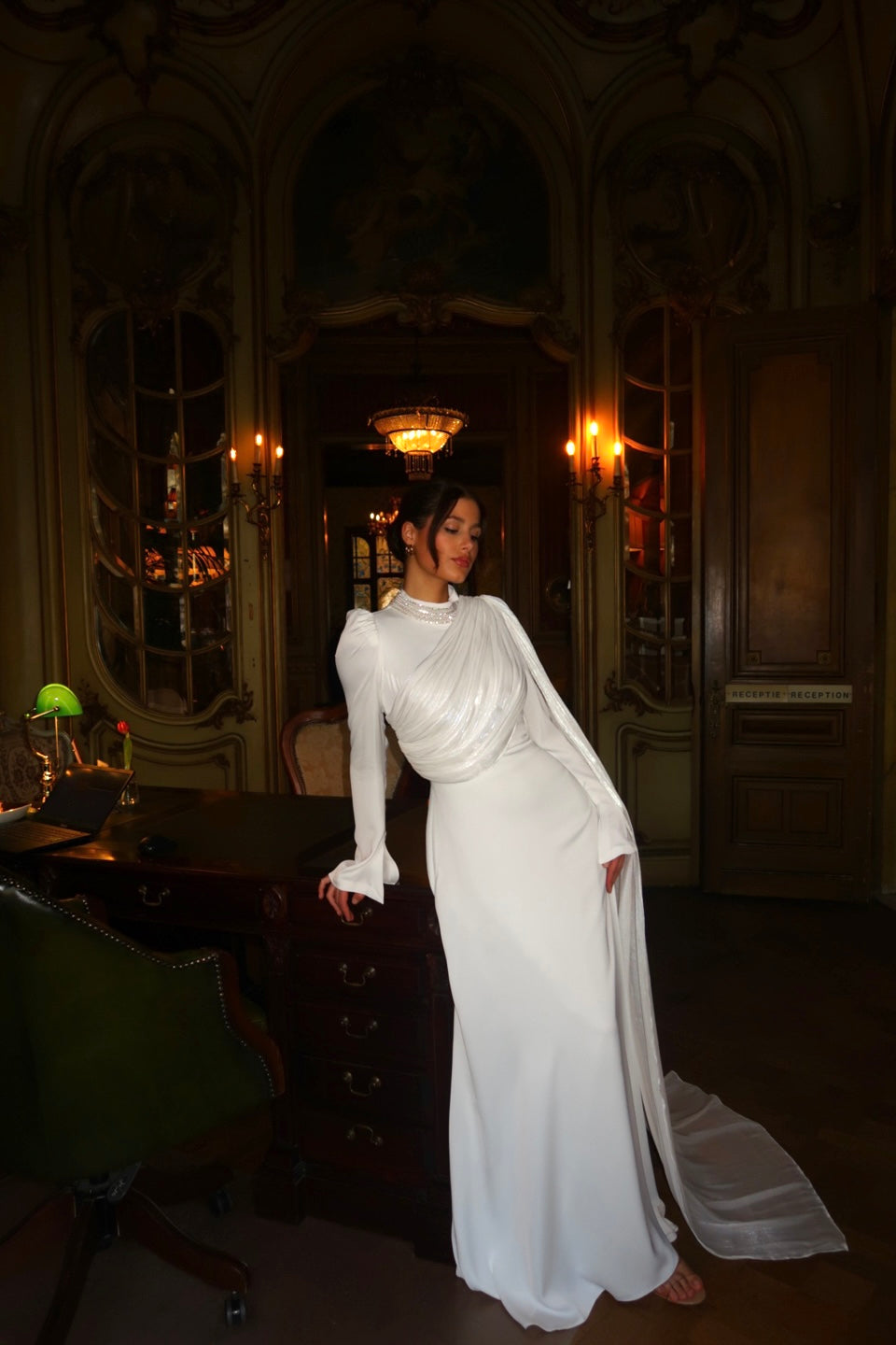 Culumn Long Sleeves Ruched Side Train Wedding Dress