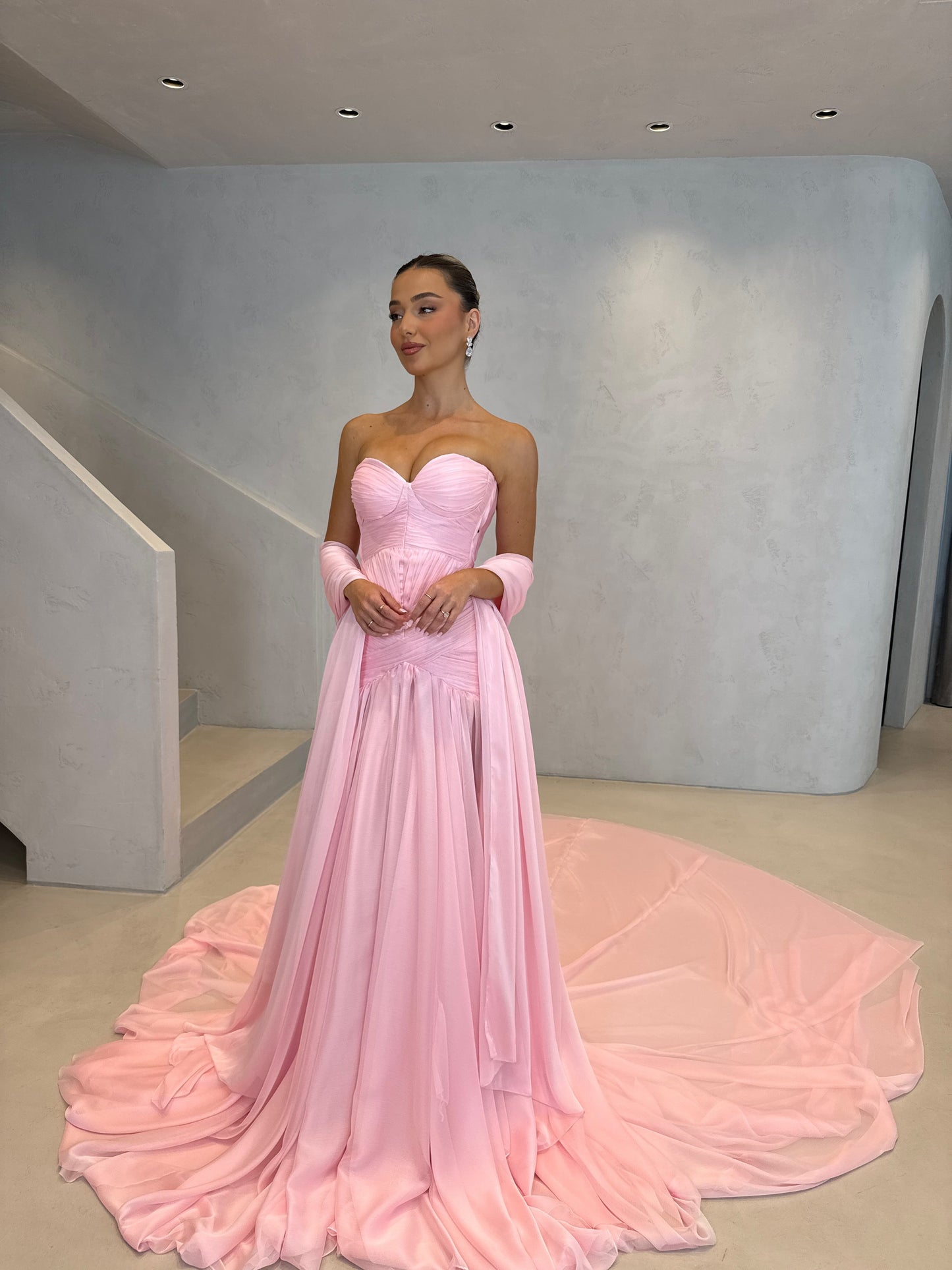 Pink Draped Sweetheart Ruched Evening Dress With Cape