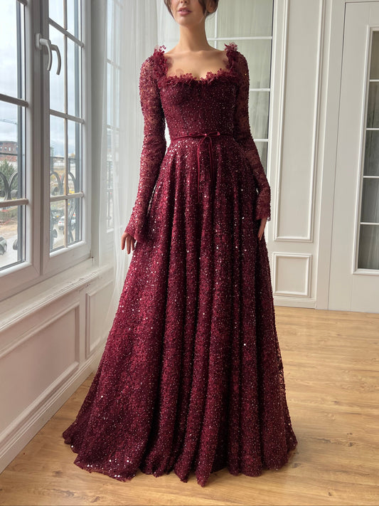 Burgundy Square Neck Long Sleeves Beaded A-Line Prom Formal Dress