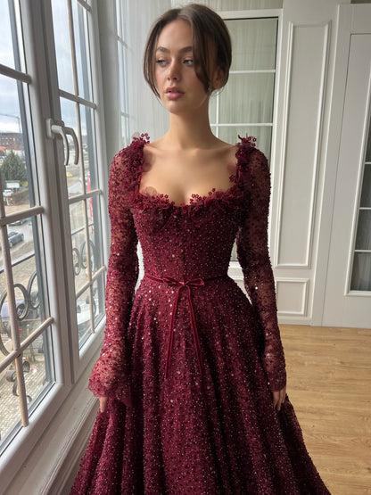 Burgundy Square Neck Long Sleeves Beaded A-Line Prom Formal Dress