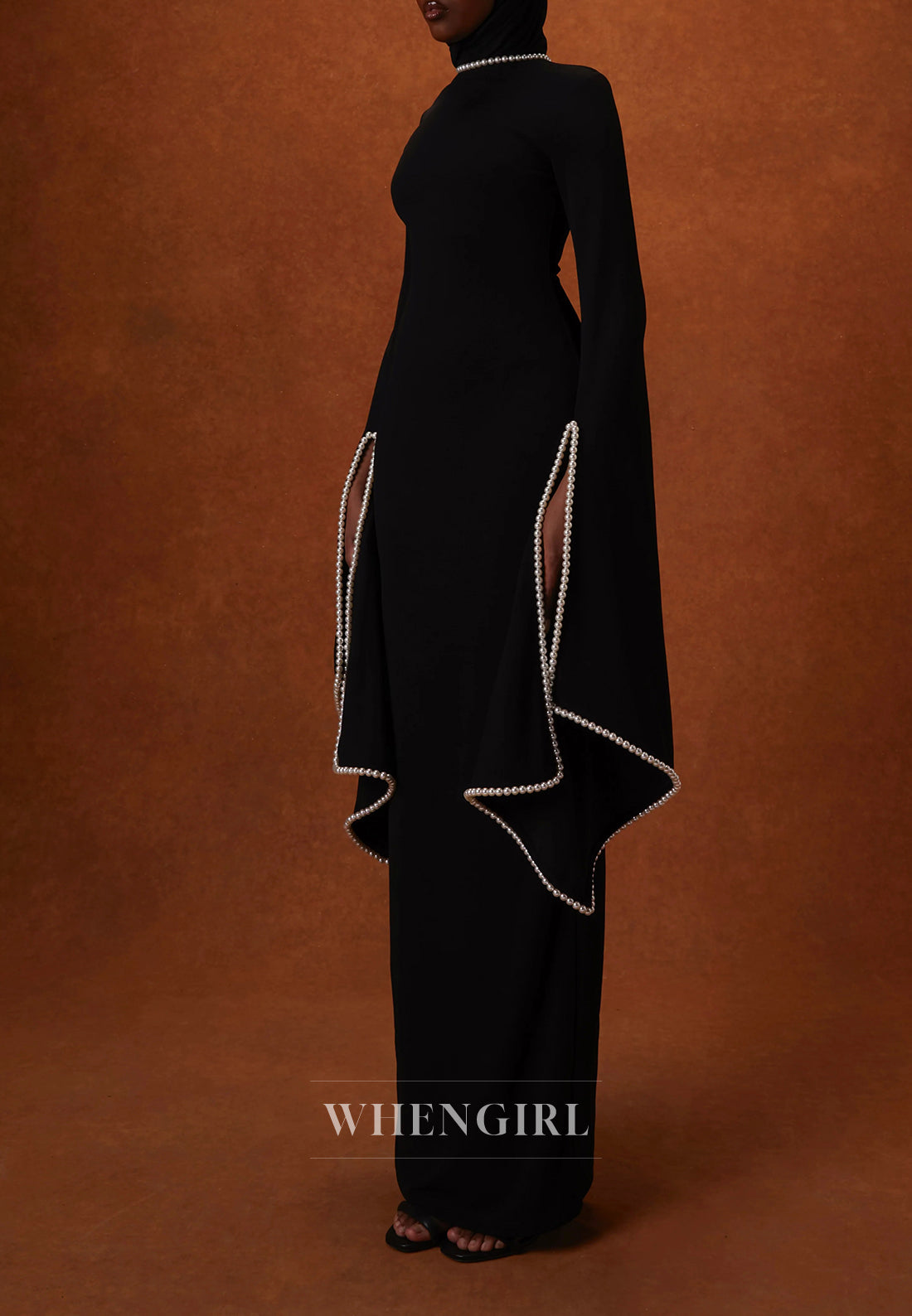 Sheath Beateau Neck Floor Length Formal Dress Long Sleeves Beaded Pearls Evening Gown